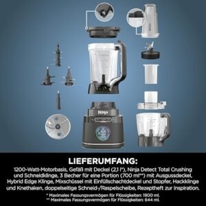 Ninja 3-in-1 Detect Power Blender Processor Pro, kraftvolle 1200W Küchenmaschine, Single Serve & Knethaken, 1x Single Serve Tasse, Krug, Teig, mischen & hacken, Schwarz, TB401EU - Image 5