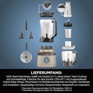Ninja 3-in-1 Detect Power Blender Processor Pro, kraftvolle 1200W Küchenmaschine, Single Serve & Knethaken, 3x Single Serve Tassen, Krug, Teig, mischen & hacken, Stone Gold, TB401EUSTGD - Image 7