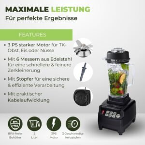 OmniBlend Smoothie Maker 2L in schwarz I Smoothie Mixer inkl. BPA-freiem Behälter & 6-Klingen-System aus Edelstahl I Mixer Smoothie Maker ideal für grüne Smoothies I Standmixer mit 3 PS Motor - Image 5