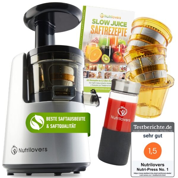 Nutrilovers Entsafter Slow Juicer NUTRI-PRESS NO.1 Testsieger Saftausbeute 3 Siebe Saft, Smoothie, Frucht-Eis, Sehr leise, BPA-Frei